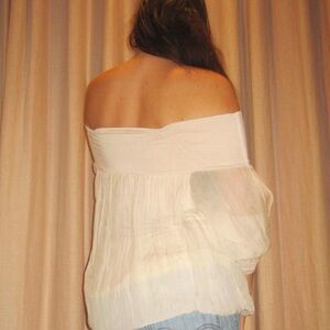 vintage cream silk off shoulder top ruched sleeves sheer boho elegant